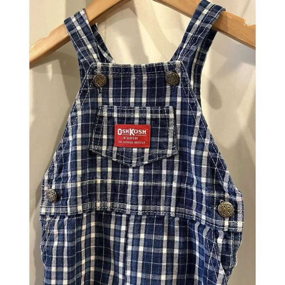 OshKosh Vintage‎ 6-9 Months Vestbak Baby Blue Plaid Footed Overalls Made in USA